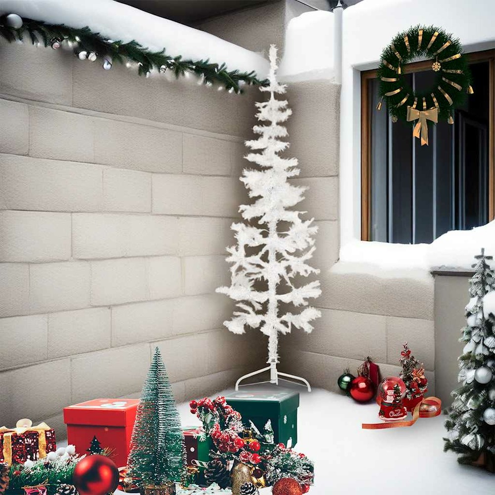 Demi sapin de noël artificiel mince avec support blanc 210 cm