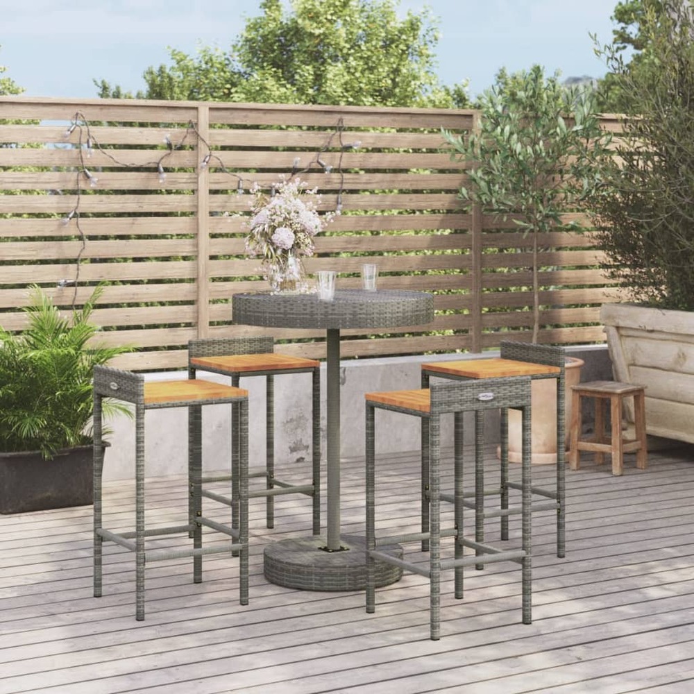 Ensemble de bar jardin 5 pcs gris poly rotin/bois massif acacia