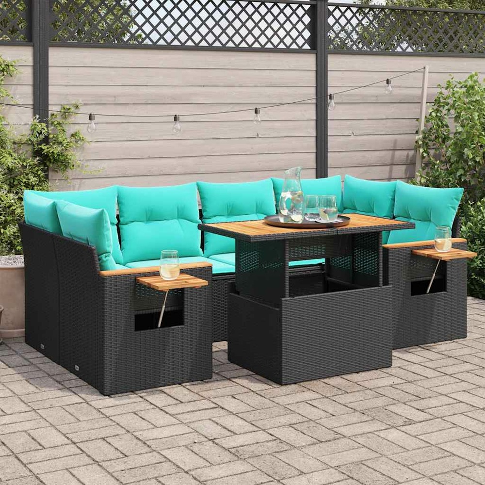 Salon de jardin 7 pcs avec coussins noir résine tressée