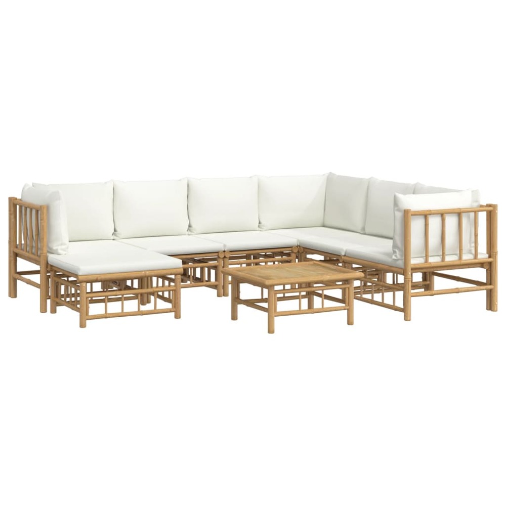 Salon de jardin meuble d'extérieur ensemble de mobilier 8 pièces avec coussins blanc crème bambou