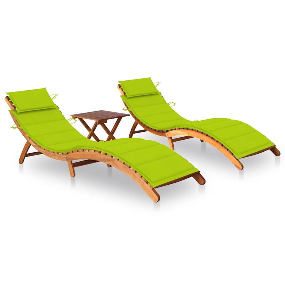 Chaises longues lot de 2 avec table et coussins acacia solide