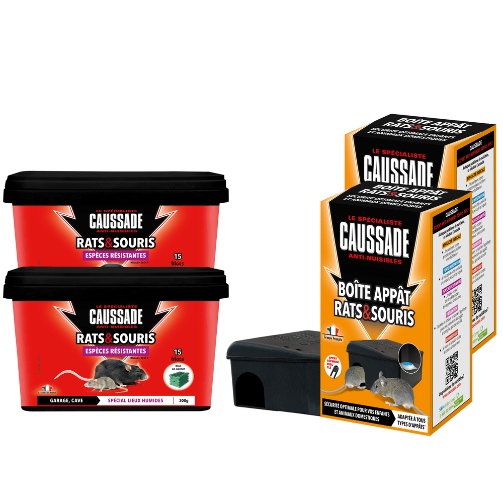 Caussade anti-rats & souris + boîtes appâts - 30 blocs - 600g - boites réutilisables et résistantes - appâts lieux très humides