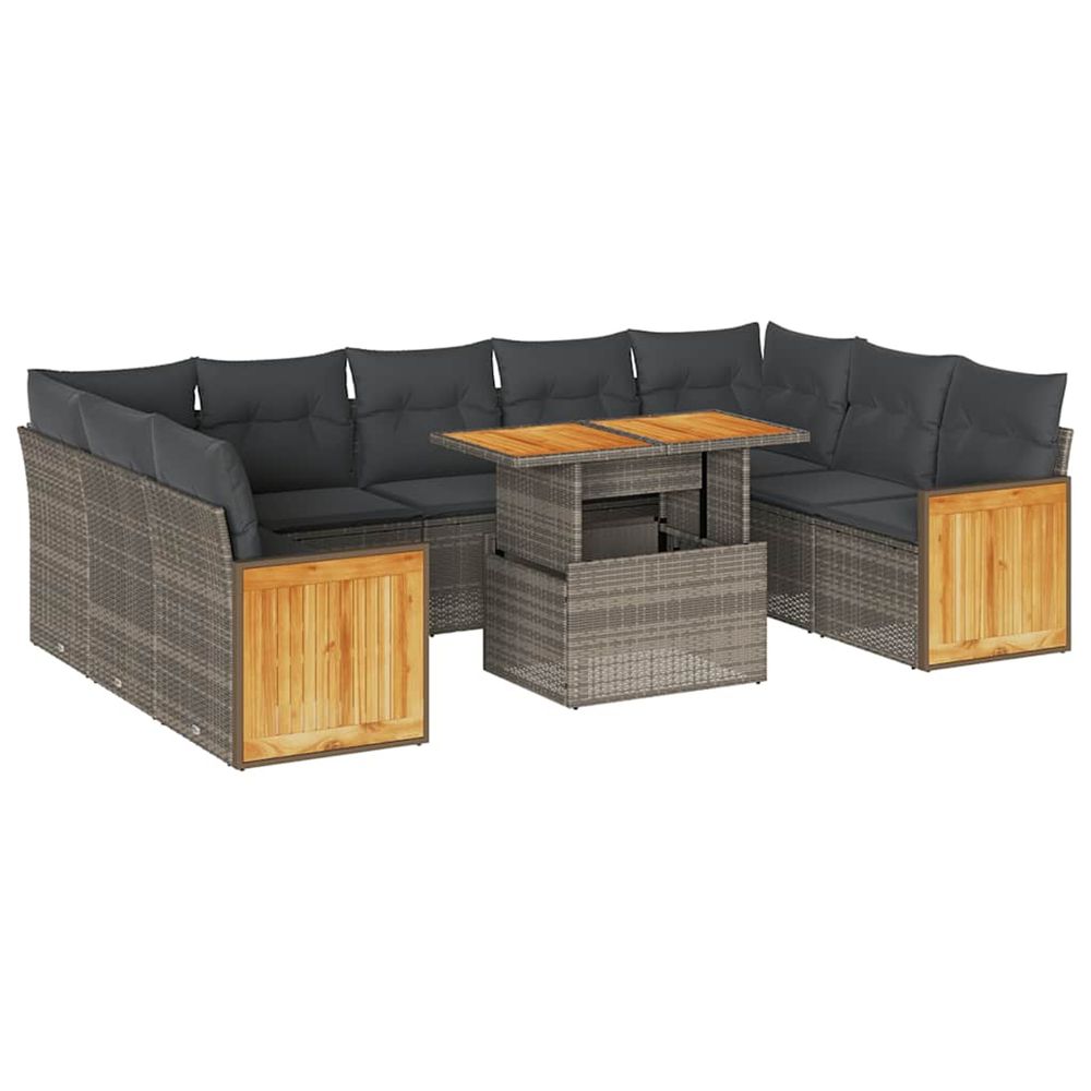 Salon de jardin avec coussins 10 pcs gris résine tressée acacia
