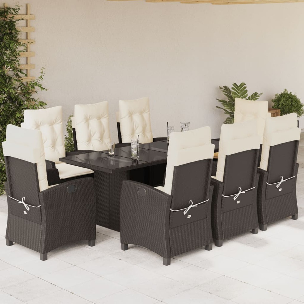 Ensemble à manger de jardin et coussins 9 pcs marron poly rotin