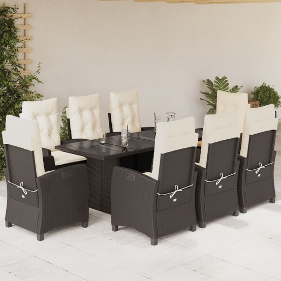 Ensemble à manger de jardin et coussins 9 pcs marron poly rotin