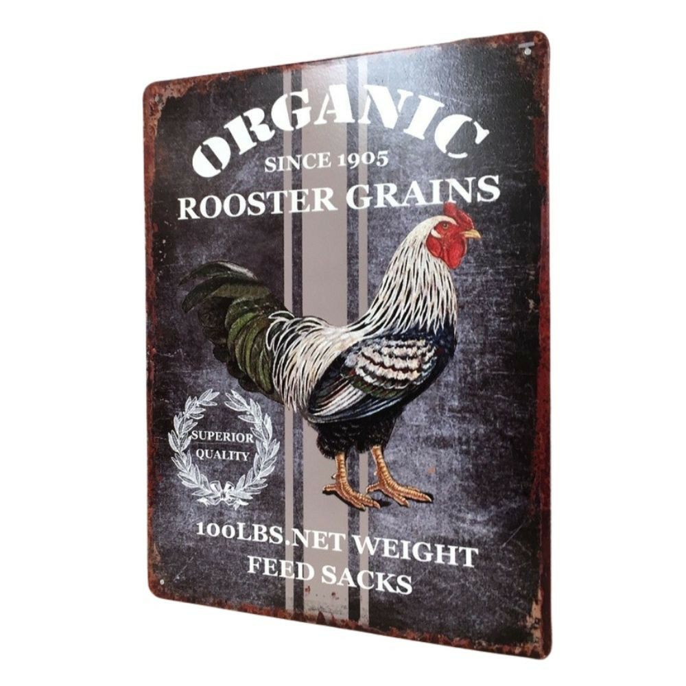 Plaque murale décorative vintage fer multicolore rooster grains33x25cm