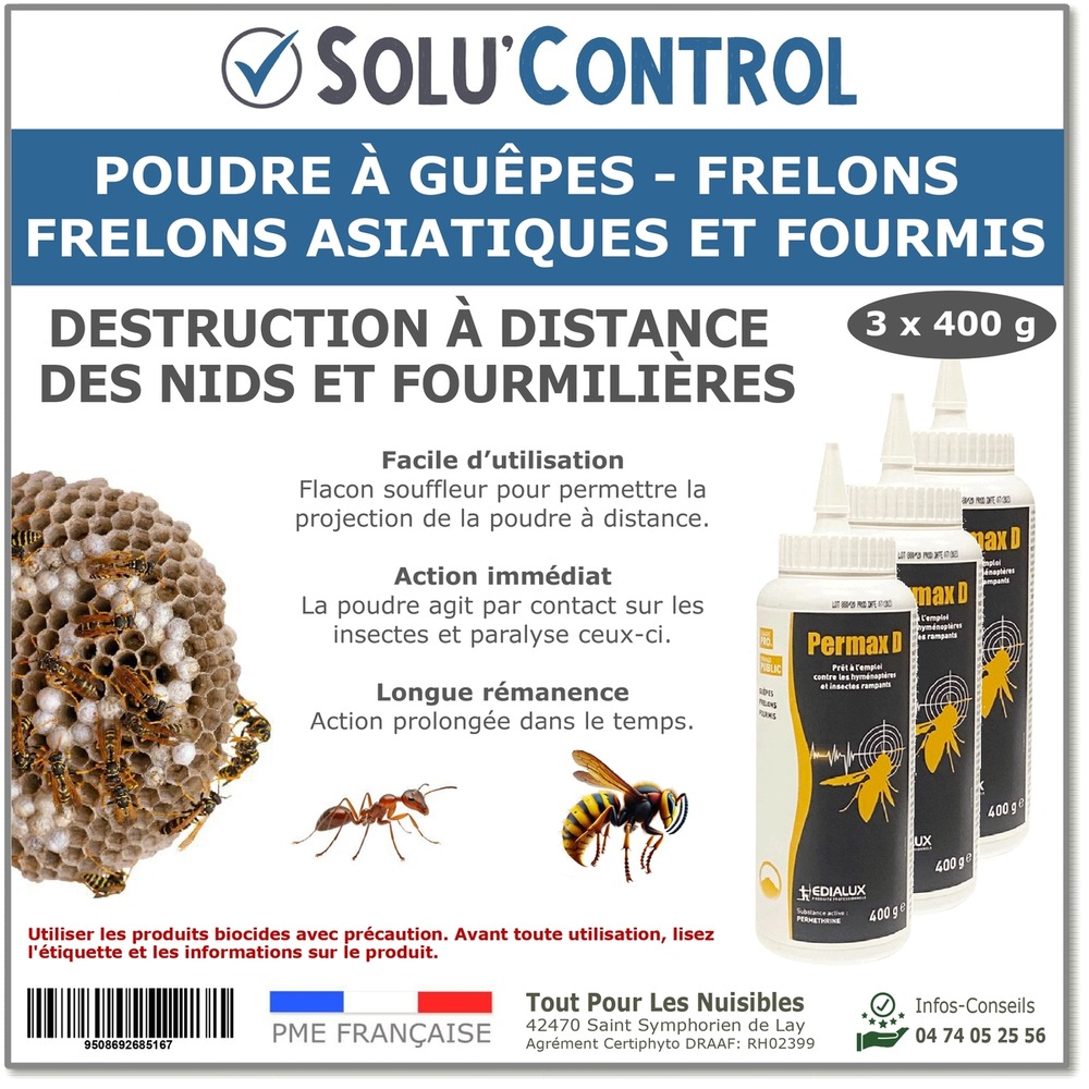 Permax D - Poudre anti-guêpes - frelons dont asiatique, fourmis, fourmilières -3 flacons de 400 g