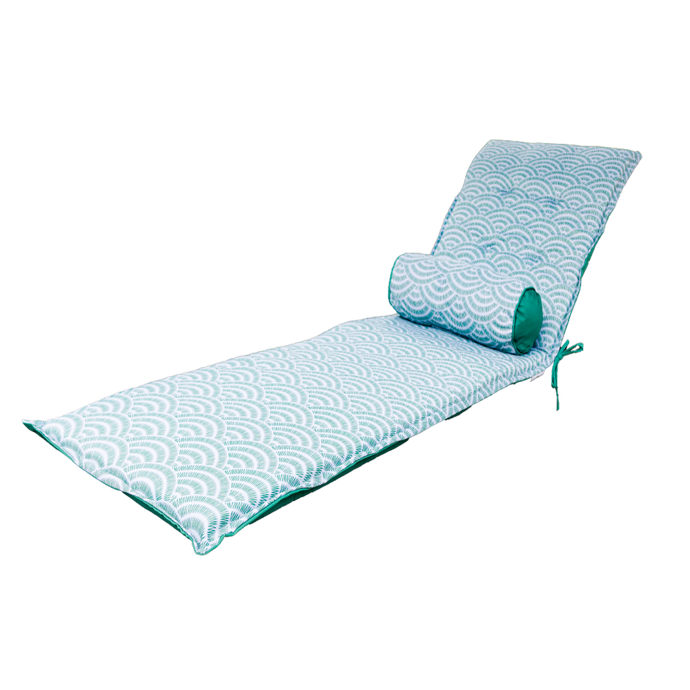 Coussin pour chaise longue et traversin 195x60x5cm motif eventaille vert