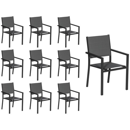 Lot de 10 chaises rembourrées en aluminium anthracite - textilène gris
