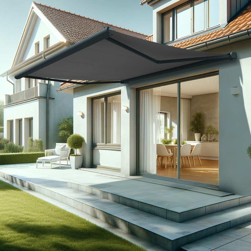 Store banne coffre intégral hevoa 4,05x3,50 m (motorisé secours à télécommande - gris anthracite ral7016st - gris graphite)