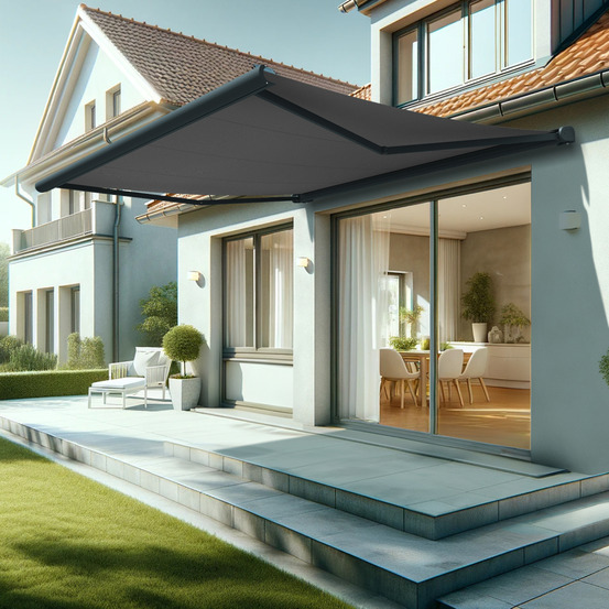 Store banne coffre intégral hevoa 4,05x3,50 m (motorisé secours à télécommande - gris anthracite ral7016st - gris graphite)