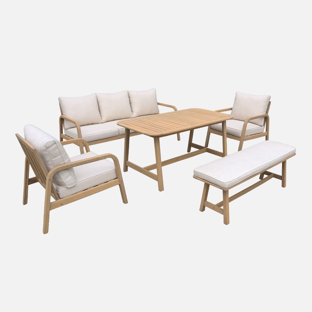 Salon de jardin 7 places carnota dining en bois d'acacia, table rectangulaire, coussins beige