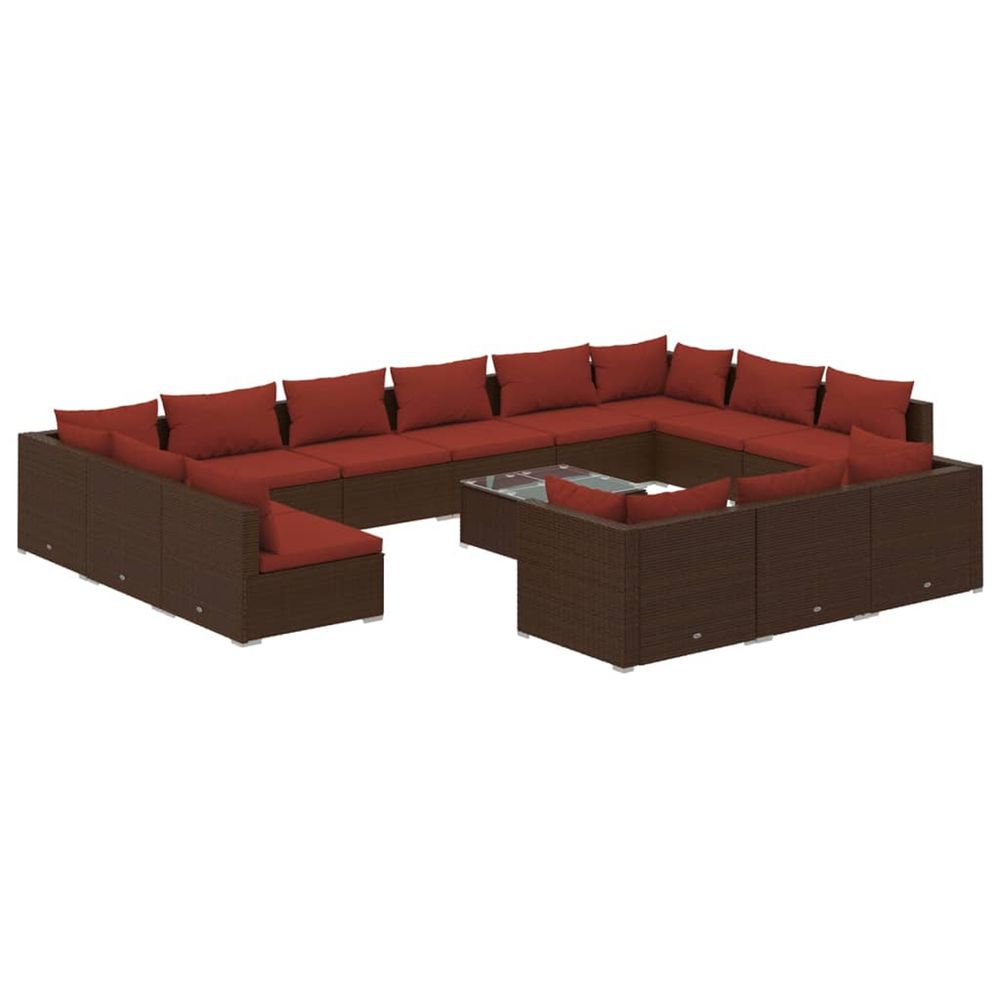 Salon de jardin 14 pcs avec coussins marron résine tressée