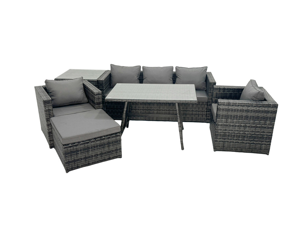 6 places ensemble repas de jardin exterieur avec canapé table à manger oblongue 2 fauteuil stool gris foncé mixte