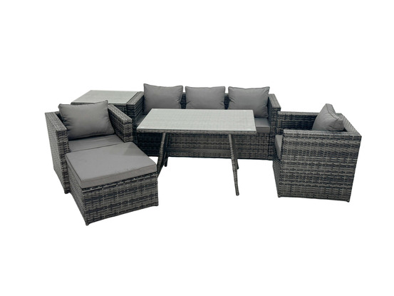 6 places ensemble repas de jardin exterieur avec canapé table à manger oblongue 2 fauteuil stool gris foncé mixte