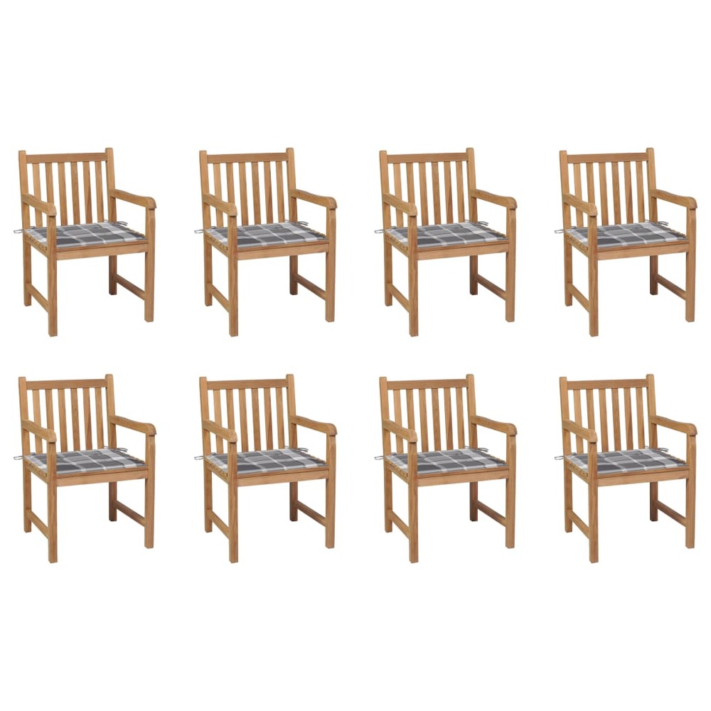 Chaises de jardin 8 pcs et coussins carreaux gris bois de teck