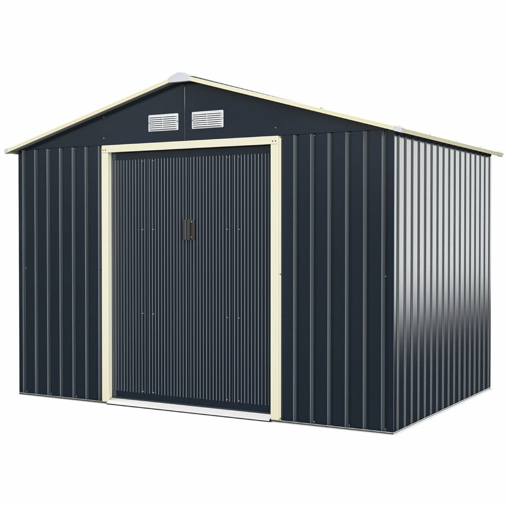 Abri de jardin en métal 5,29 ㎡ 277 x 191 x 202 cm avec 2 portes coulissantes verrouillables 4 trous d’aération pour vélo gris