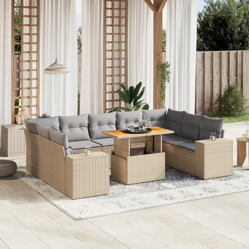 Salon de jardin avec coussins 10 pcs beige résine tressée