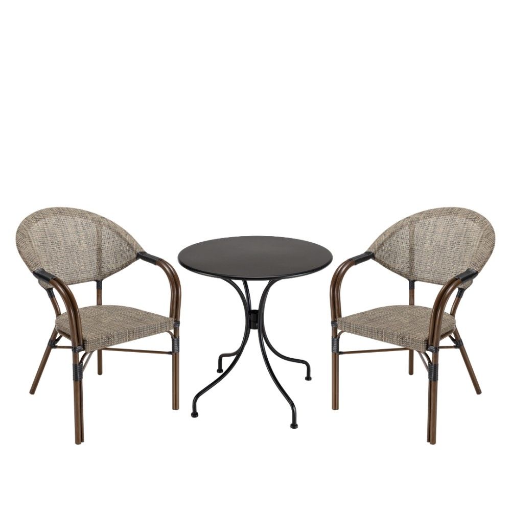 Salon de jardin 2 personnes en acier - 1 table ronde 70x70cm et 2 chaises en textilène