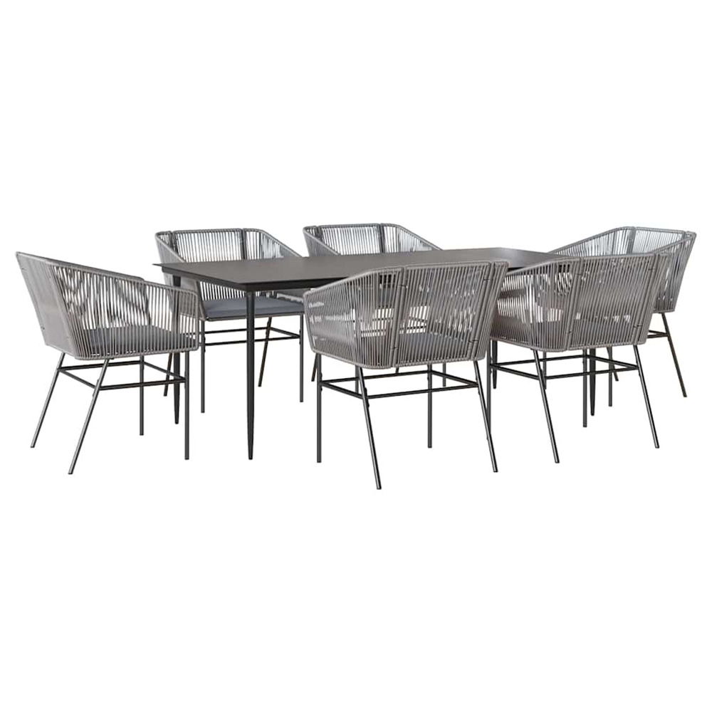 Ensemble à manger jardin coussins 7 pcs gris poly rotin verre
