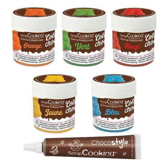 5 colorants alimentaires liposolubles bleu-jaune-rouge-vert-orange + 1 stylo chocolat