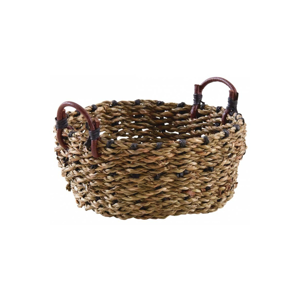 Corbeille ronde en jonc avec anses en cuir 14 cm