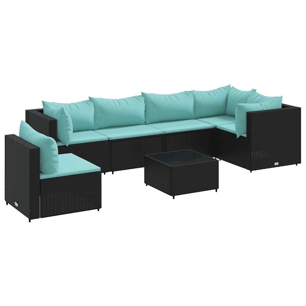 Salon de jardin 7 pcs avec coussins noir résine tressée