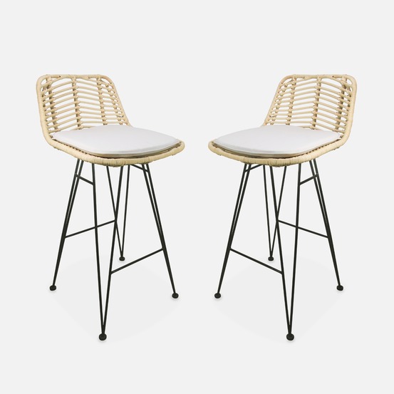Lot de 2 tabourets de bar en rotin naturel et métal, coussins inclus - cahya