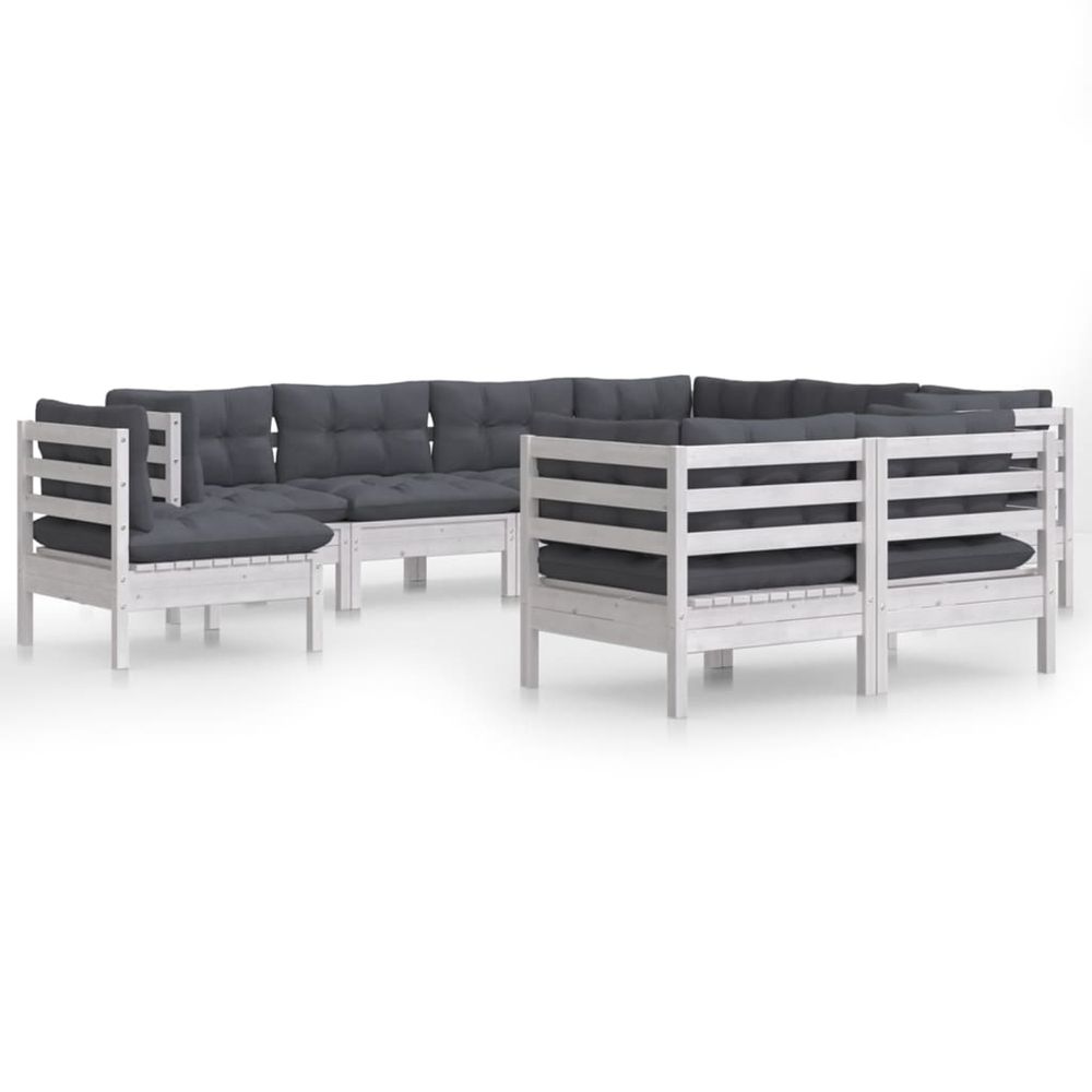 Salon de jardin 9 pcs avec coussins blanc bois de pin massif