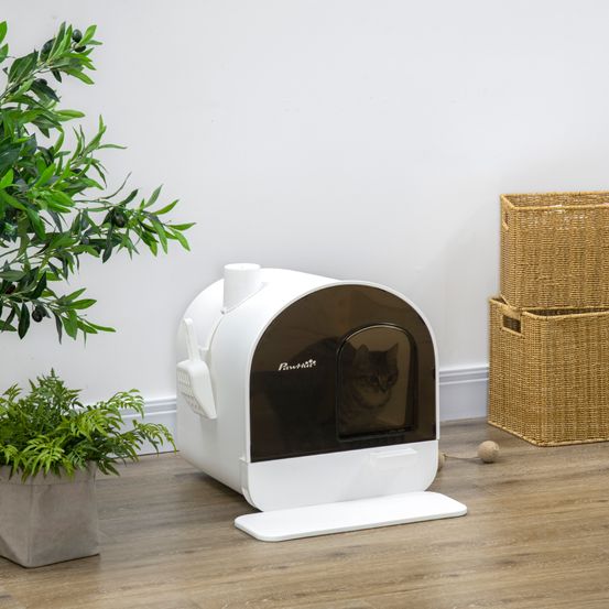 Maison de toilette chat fermée plastique anti-odeurs avec tapis blanc 43x44x47cm