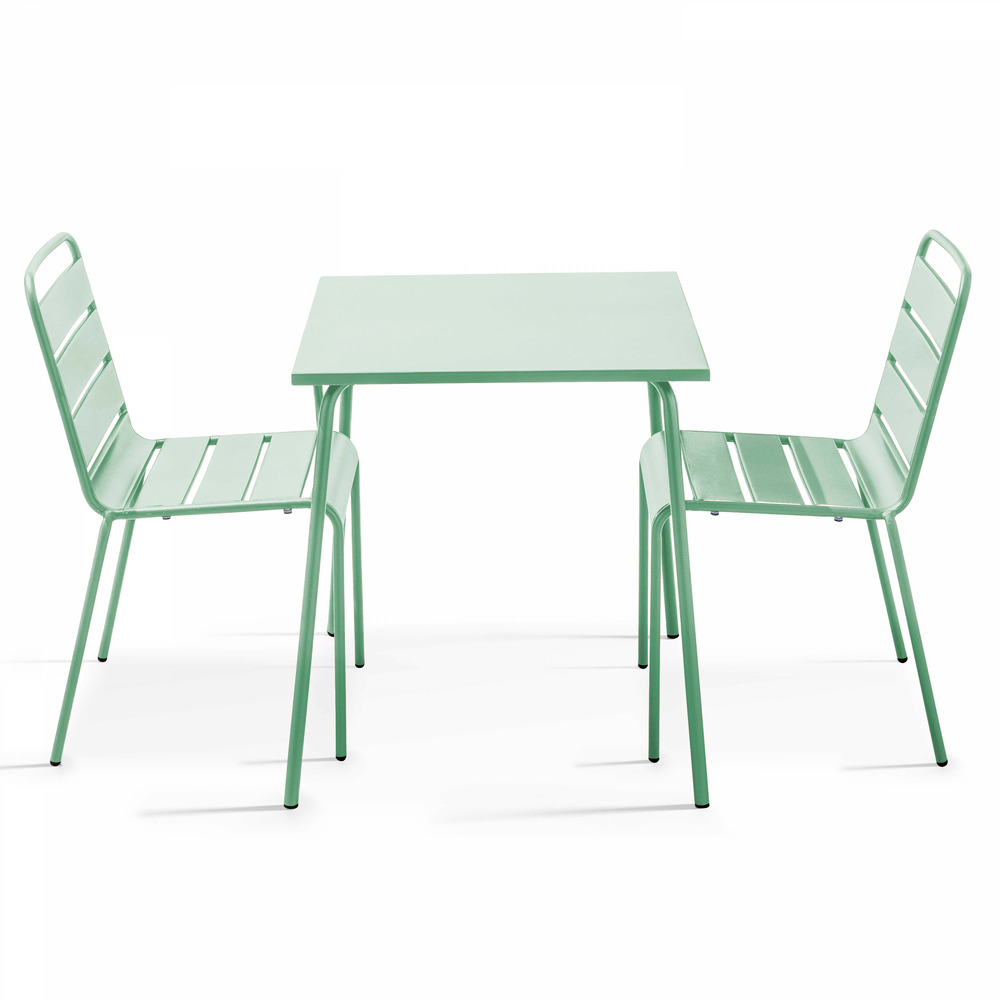 Ensemble table de jardin carrée et 2 chaises acier vert sauge