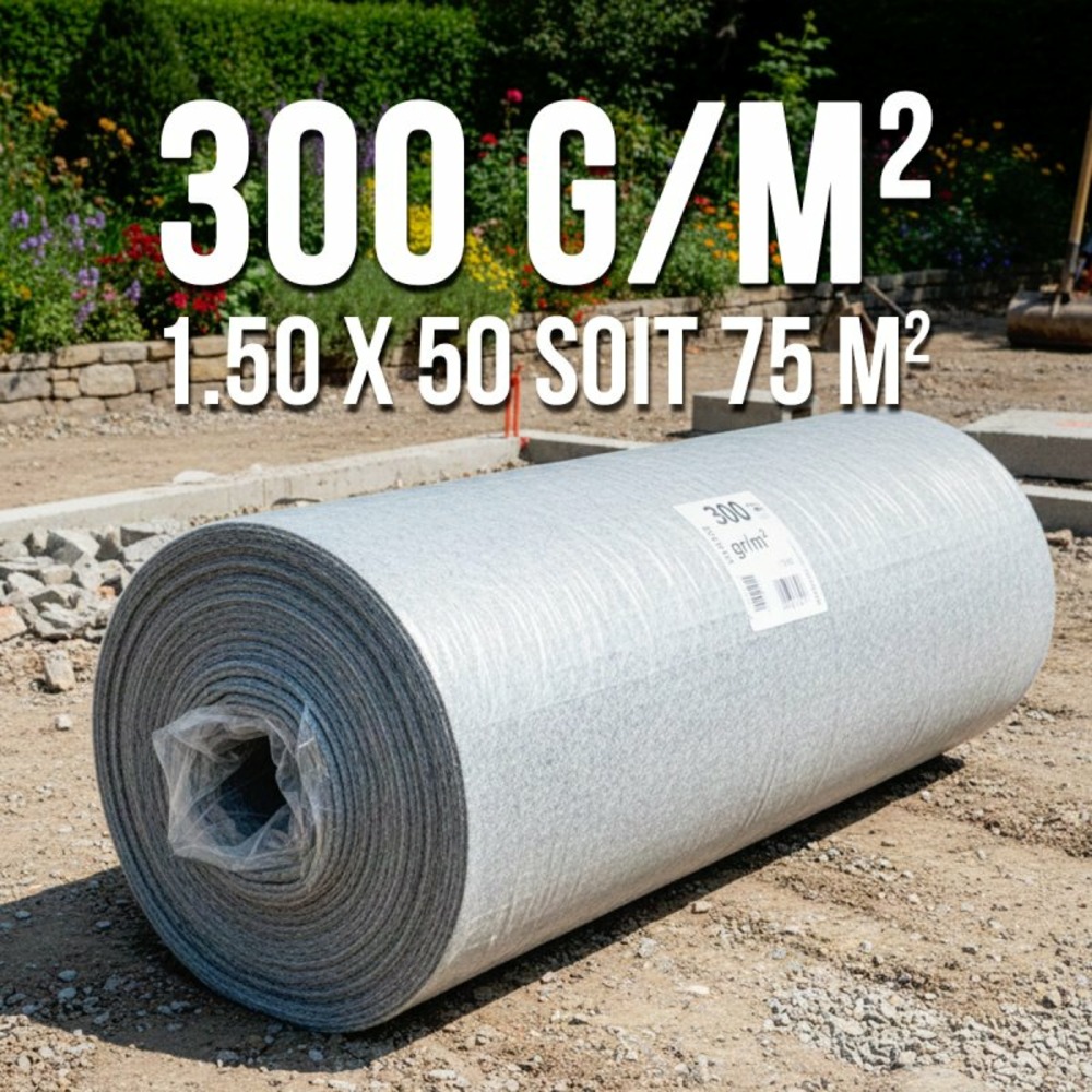 Géotextile gris 300 g/m² rouleau 1,5 m × 50 m soit 75 m² – feutre anti-mauvaises herbes drainage sol allée terrasse jardin