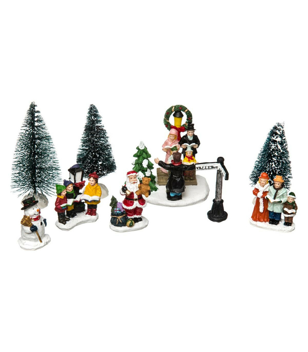 Accessoires village de noël set 9 pièces personnages et sapins
