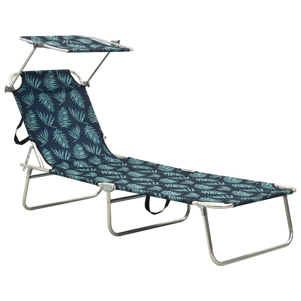 Chaise longue pliable avec auvent acier motif de feuilles bain de soleil