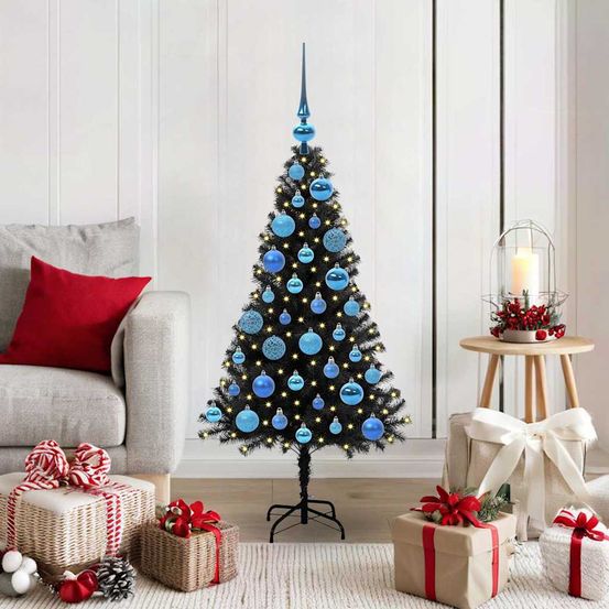 Arbre de noël contemporain noir 120 cm, kit complet lumineux 150 led et 61 boules, pour jardin, terrasse et salon