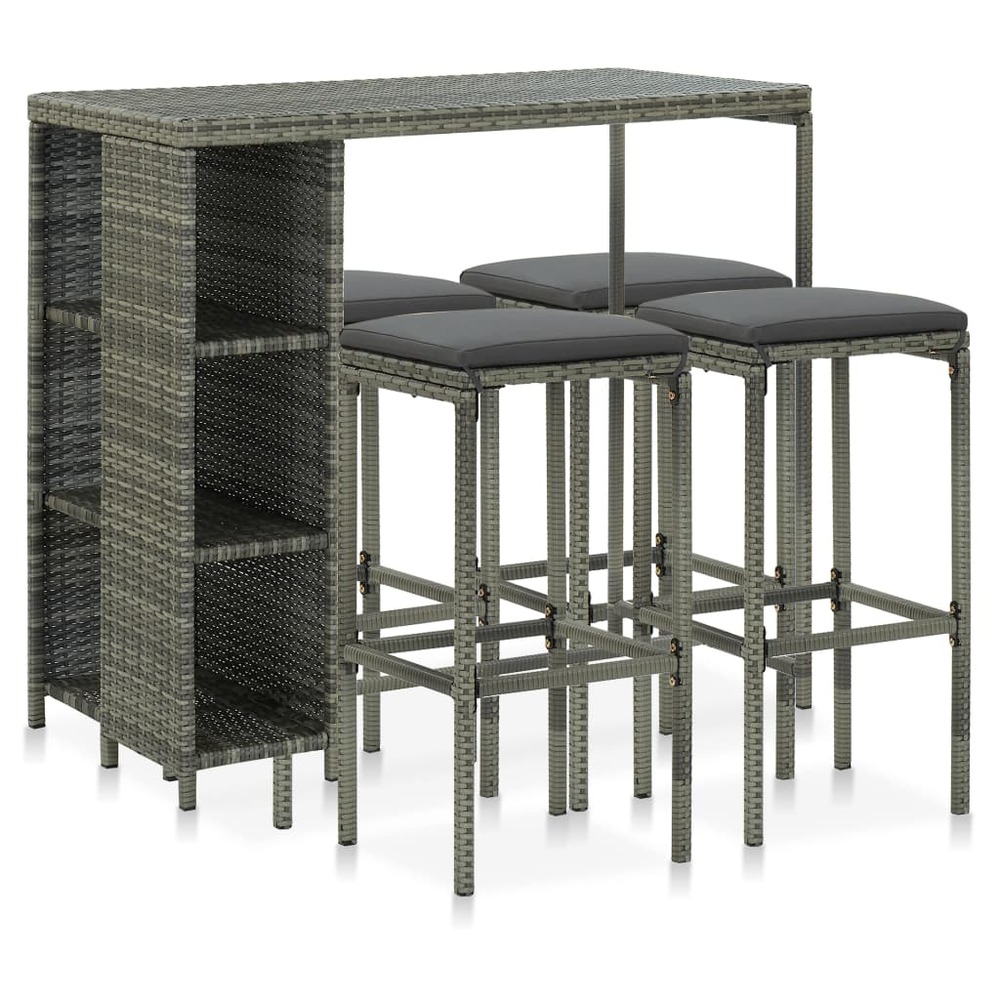 Meuble de bar de jardin 5 pièces et coussins résine tressée gris