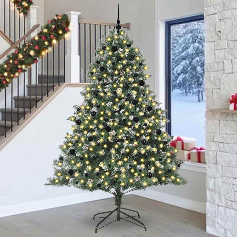 Sapin artificiel touffu 240 cm vert, décoration complète avec 120 boules et 48 pommes de pin