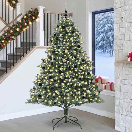 Sapin artificiel touffu 240 cm vert, décoration complète avec 120 boules et 48 pommes de pin
