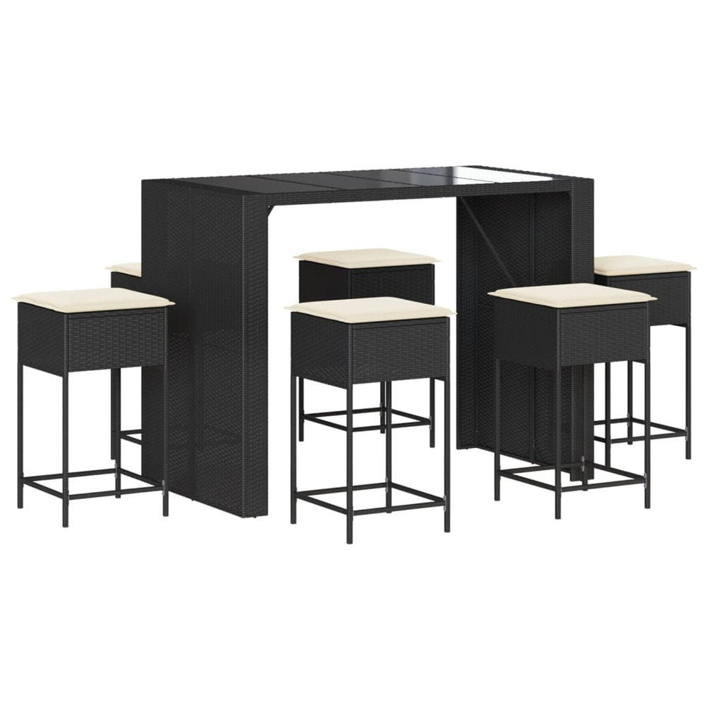 Ensemble de bar de jardin 7 pcs avec coussins noir poly rotin