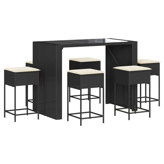 Ensemble de bar de jardin 7 pcs avec coussins noir poly rotin