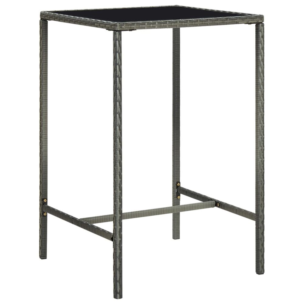 Table de bar de jardin gris 70x70x110cm résine tressée et verre