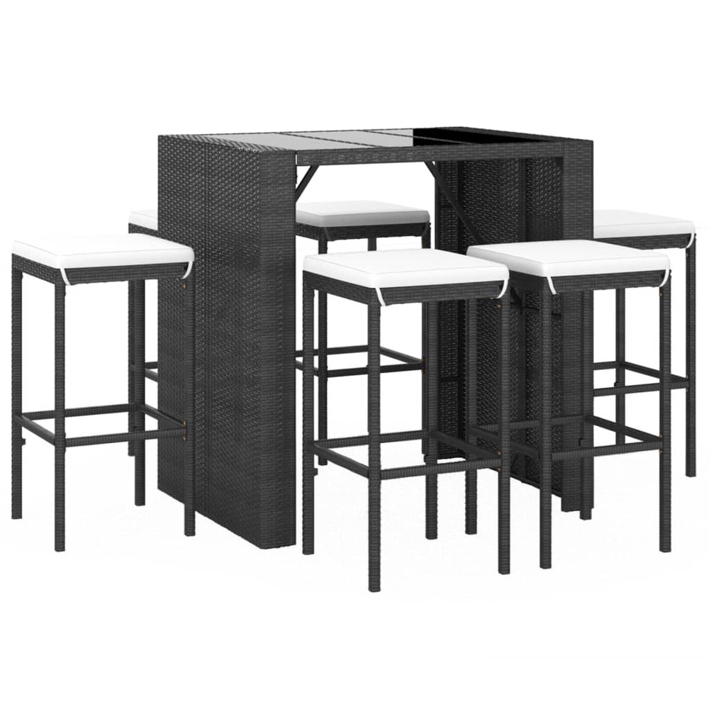 Ensemble de bar de jardin 7 pièces avec coussins noir poly rotin