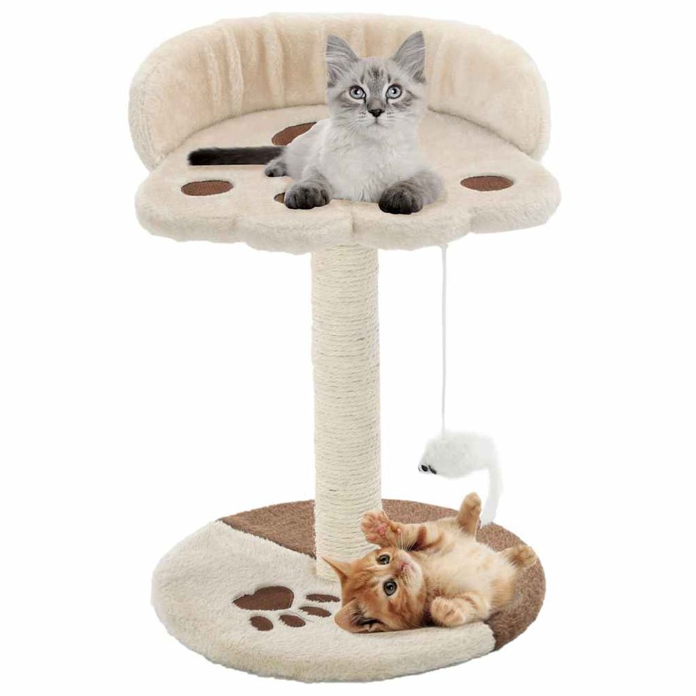 Petit arbre à chat compact 40 cm pour chaton avec souris suspendue et griffoir sisal, beige et marron