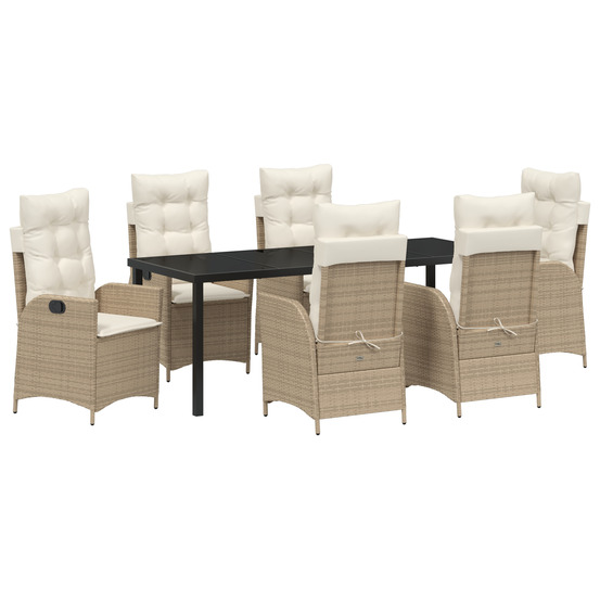 Ensemble de salle à manger de jardin 7 pièces avec coussins beige en poly rattan