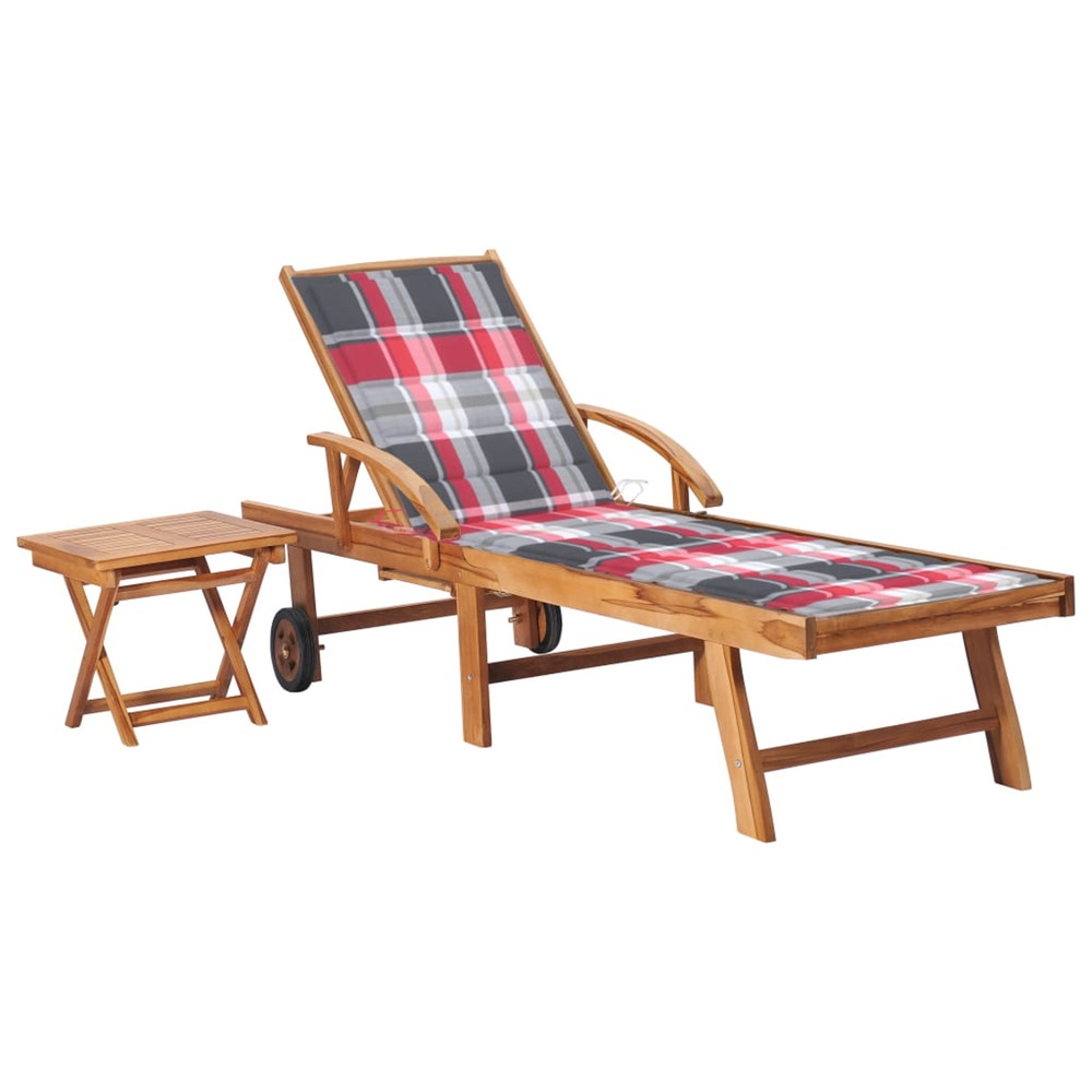 Chaise longue avec table et coussin bois de teck solide bain de soleil
