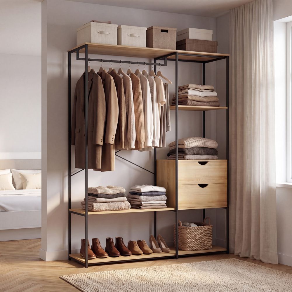 Dressing penderie avec étagères et 2 tiroirs l. 130 cm detroit design industriel