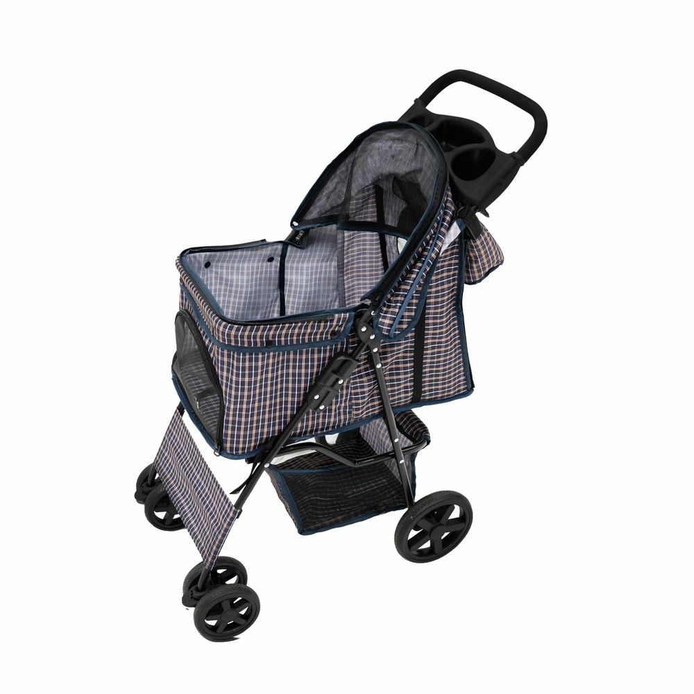 Poussette pour animal de compagnie et sac caddy – tartan bleu