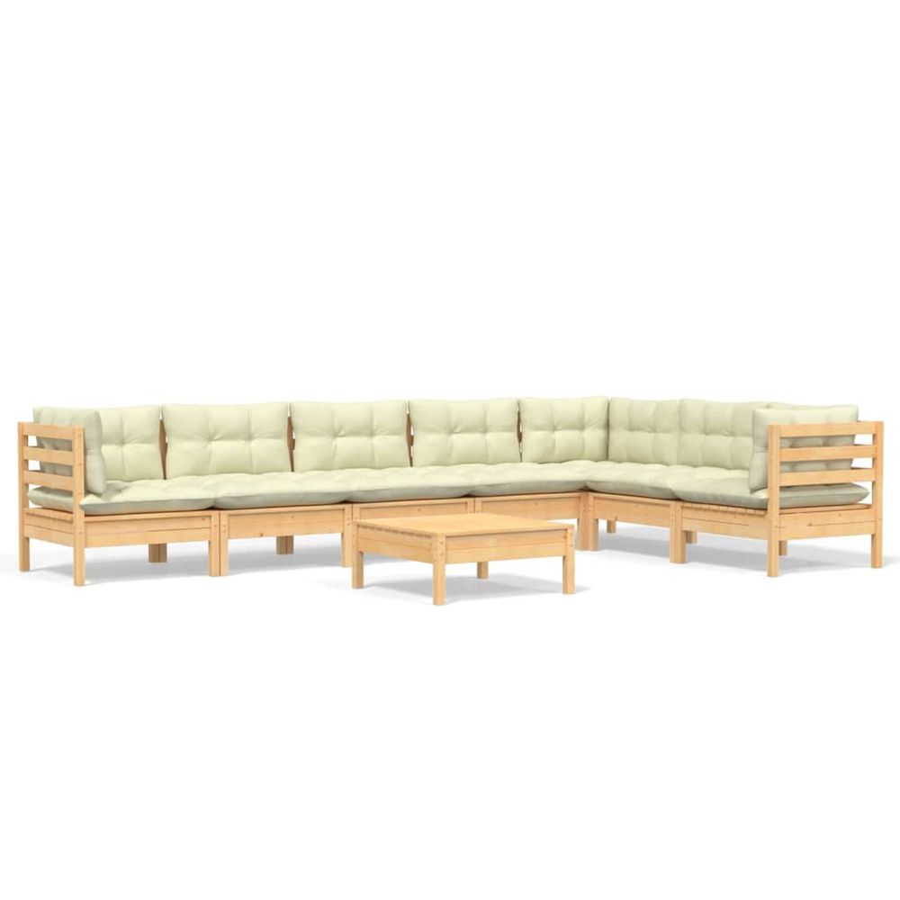 Salon de jardin 8 pcs avec coussins crème bois de pin massif