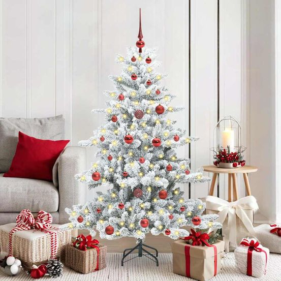 Grand sapin de noël blanc 150 cm prêt à l'emploi avec guirlande 150 led et 61 boules