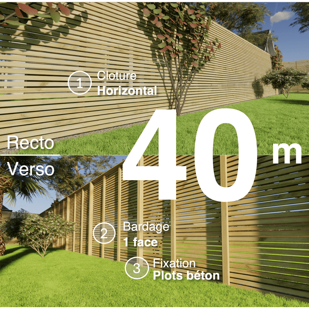 Kit clôture bois moderne 40m – h 2,3m – 45 x 45 mm autoclave – pose horizontal – simple face – à sceller